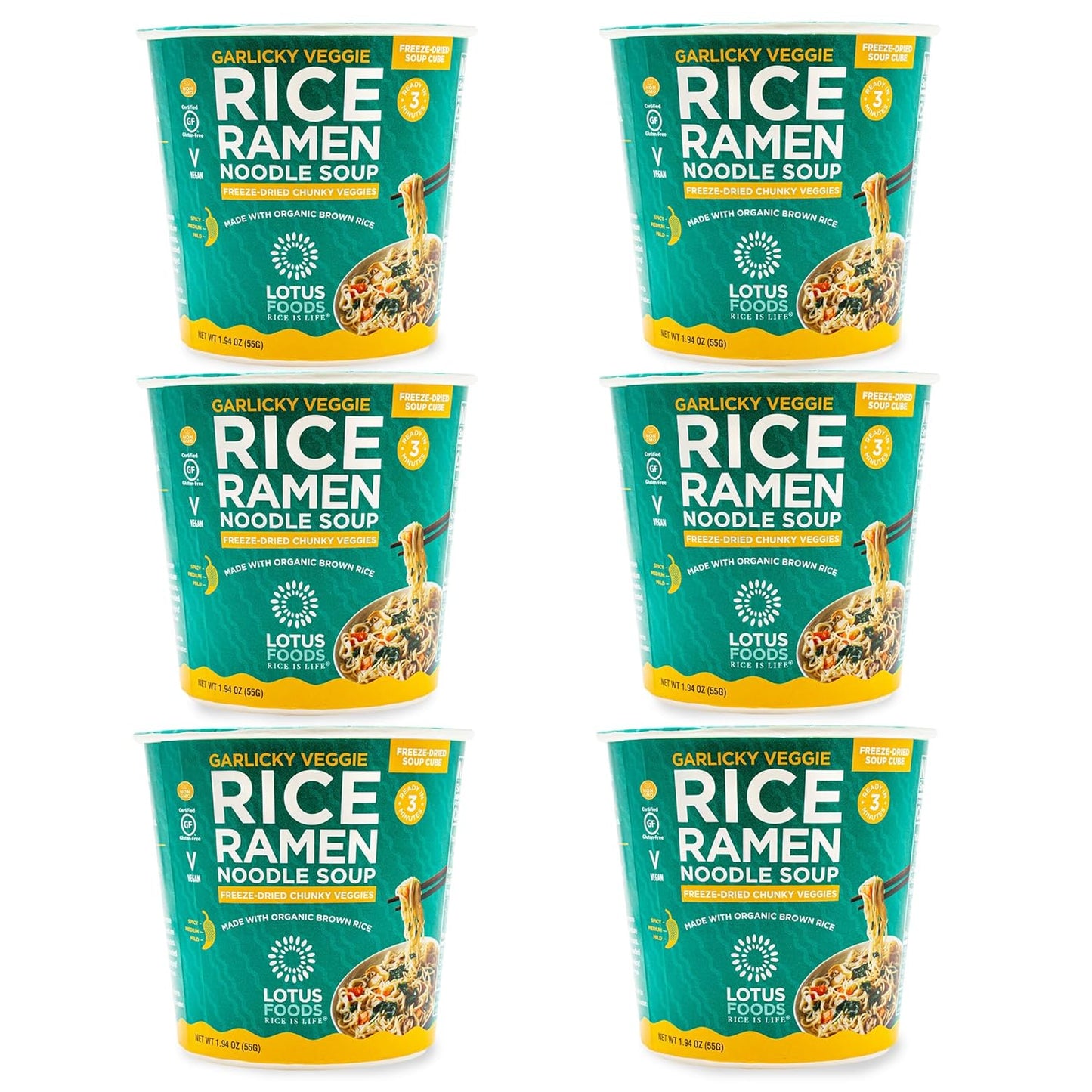 Lotus Foods Organic Garlicky Veggie Rice Ramen Noodle Soup - Ramen Noodles, Cup of Noodles, Instant Ramen Bowl, Made With Organic Brown Rice - 1.94 Oz Cups (Pack of 6)