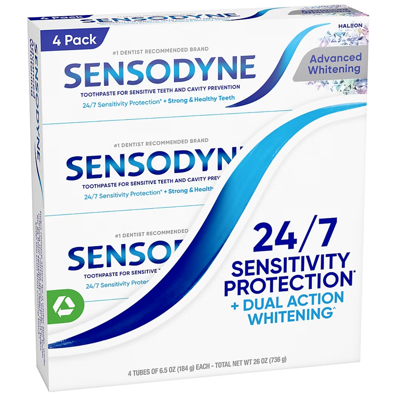 Sensodyne Advanced Whitening Toothpaste, For Sensitive Teeth and Cavity Protection, 4 pk./6.5 oz.