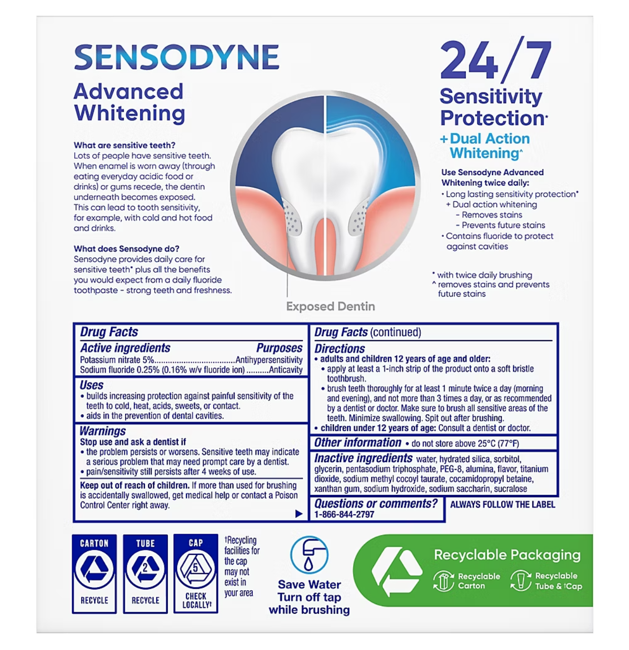 Sensodyne Advanced Whitening Toothpaste, For Sensitive Teeth and Cavity Protection, 4 pk./6.5 oz.