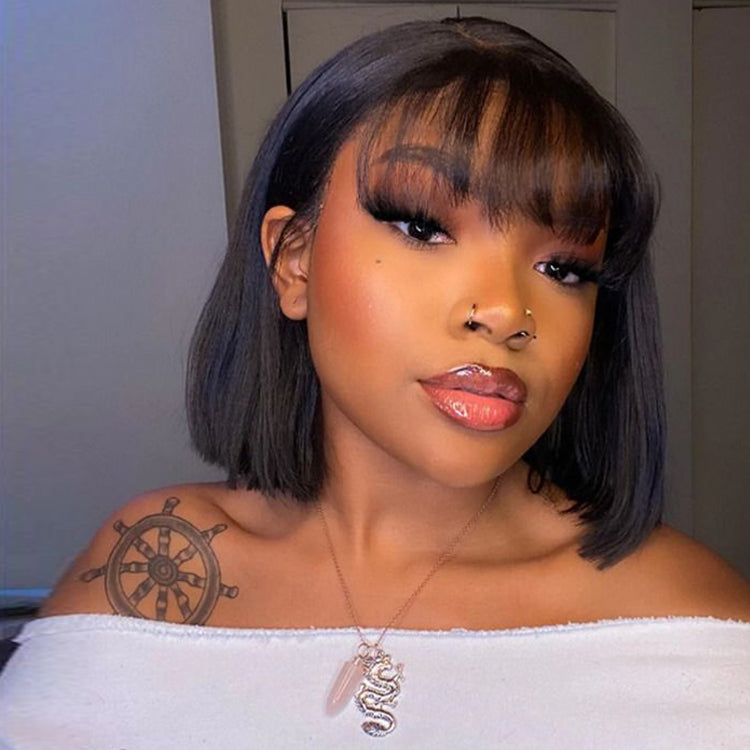 Silky Straight Human Hair No Tangle No Shedding Short Bob Wig With Bangs