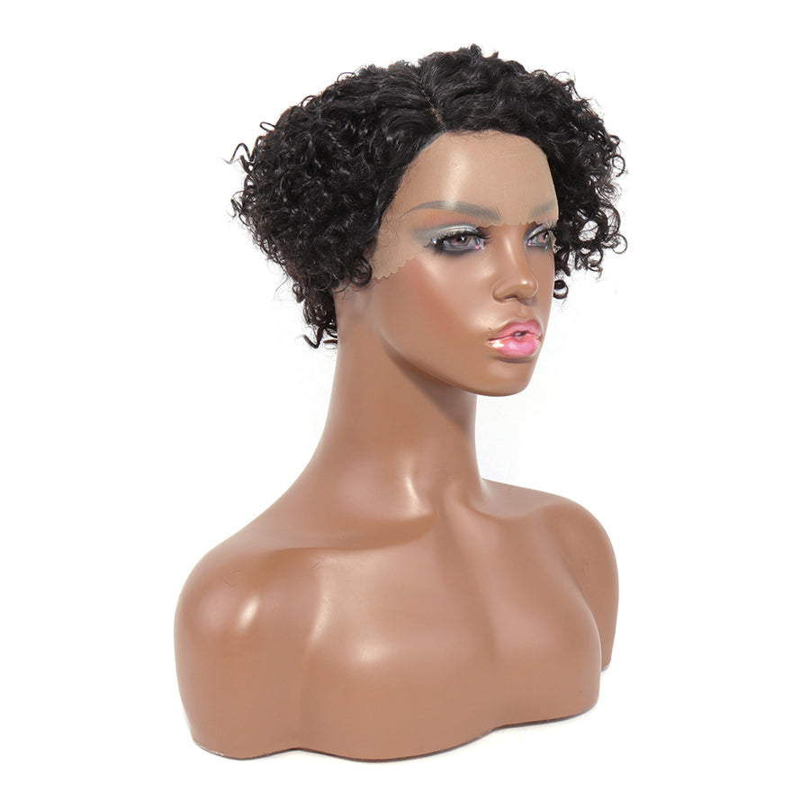 100% Human Hair Pixie Curly Side Part 13x4x1 T-Part Lace Wig 150% Density Natural Black Color Jerry Curly Pre Plucked with Baby Hair Glueless