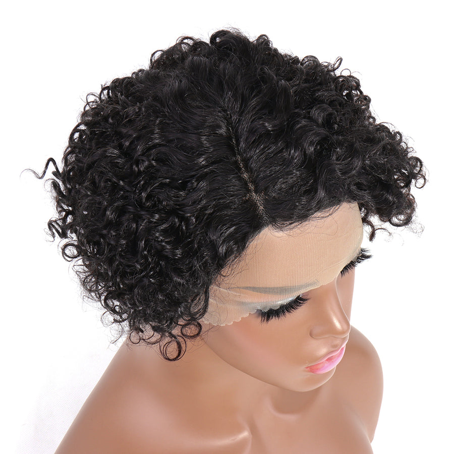 100% Human Hair Pixie Curly Side Part 13x4x1 T-Part Lace Wig 150% Density Natural Black Color Jerry Curly Pre Plucked with Baby Hair Glueless