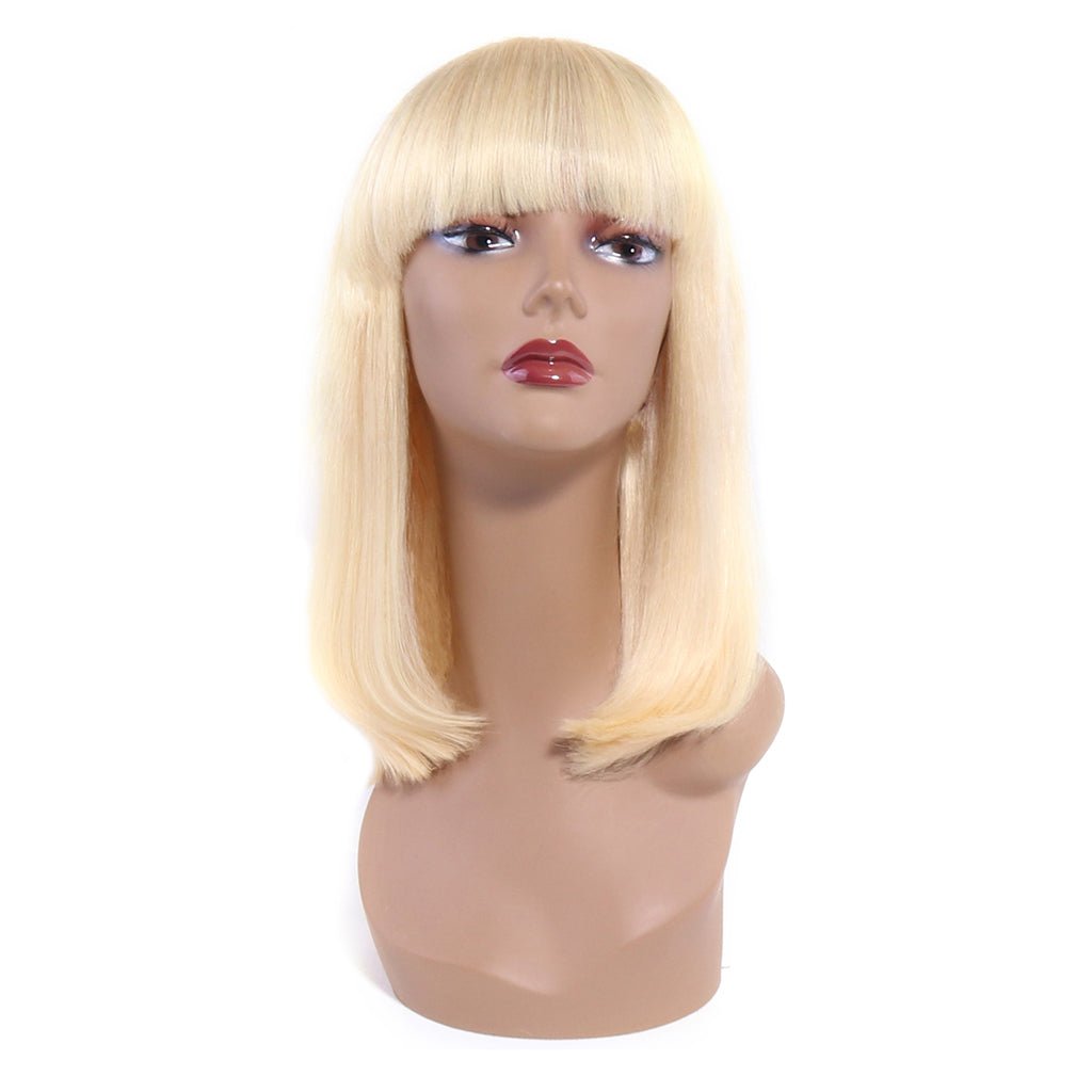 613 Bob Wig with Bangs Glueless 150% Density Brazilian Human Hair None Lace Machine Made Blonde Straight Wigs