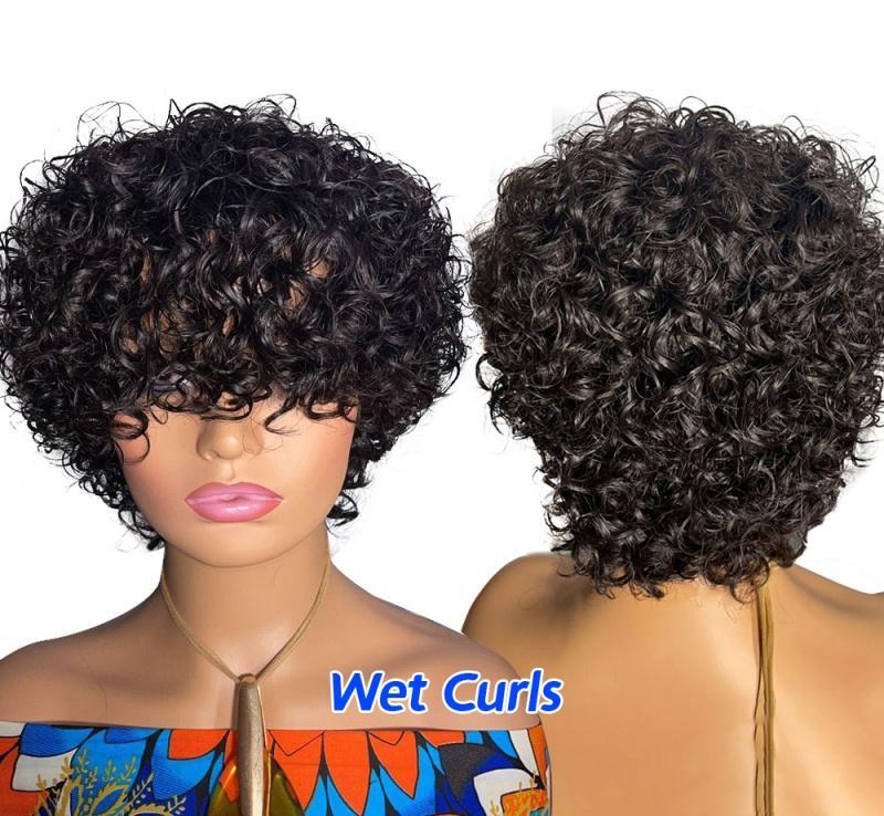 DC-1128 Short Curly Bob With Bangs Natural Black Color Human Hair Short Curly Wig