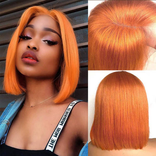 Bleached Knots Orange Color Short Bob Cut Lace Wig Pre Plucked Hairline Full End High Density Brazilian Straight Wigs