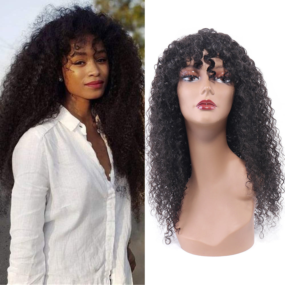 Curly Wave Human Hair Wigs with Bangs Virgin Deep Curly None Lace Front Wigs For Black Women Glueless Machine Made Wigs Natural Black 150% Density