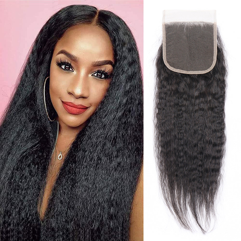 Brazilian Free Part Kinky Straight 4X4 Lace Closure 100% Unprocessed Yaki Straight Virgin Hair Pre-Plucked Hairline With Baby Hair