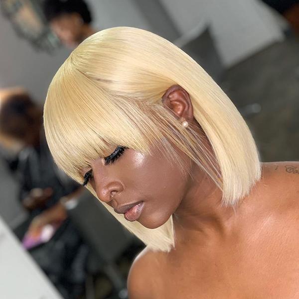 613 Blonde Short Straight Bob Wig With Bangs 100% Human Hair Full Machine Made Glueless Wig