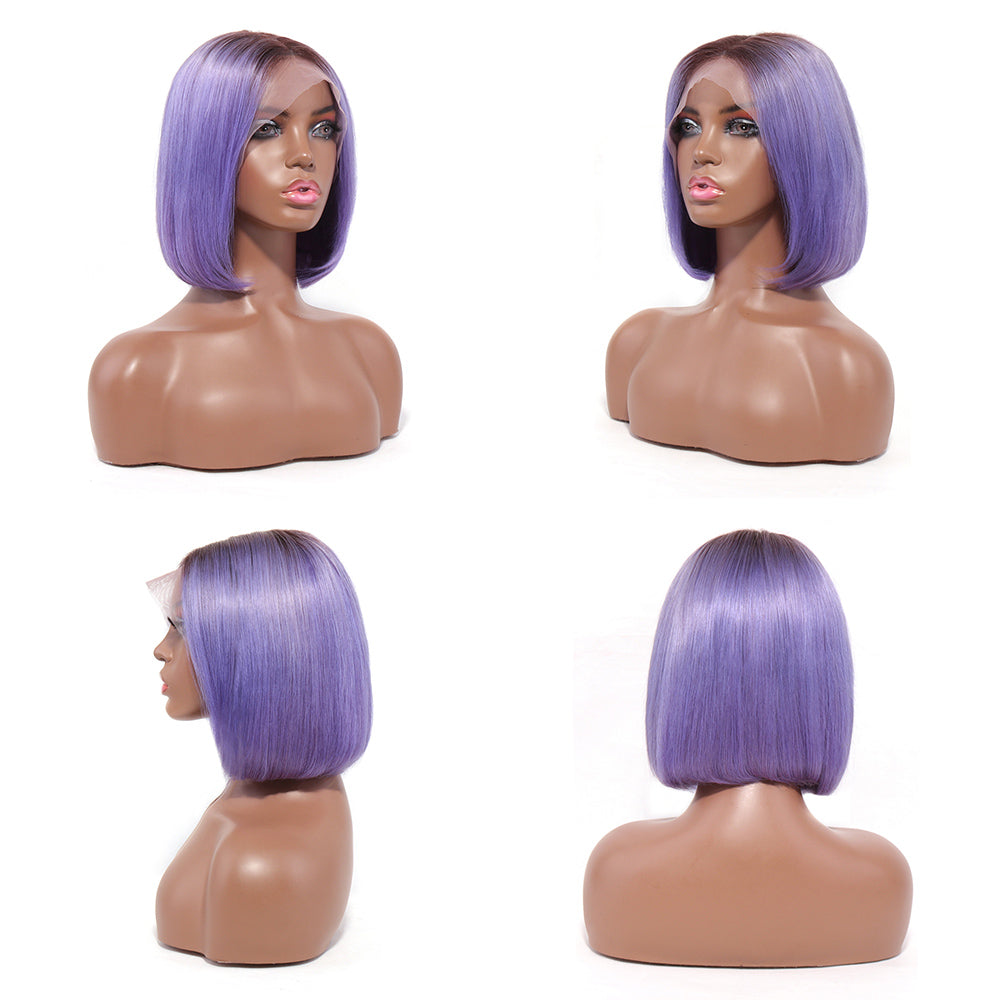 Color T1b/Light Purple Straight Wig 13x4 Front Lace Human Hair Bob Wig