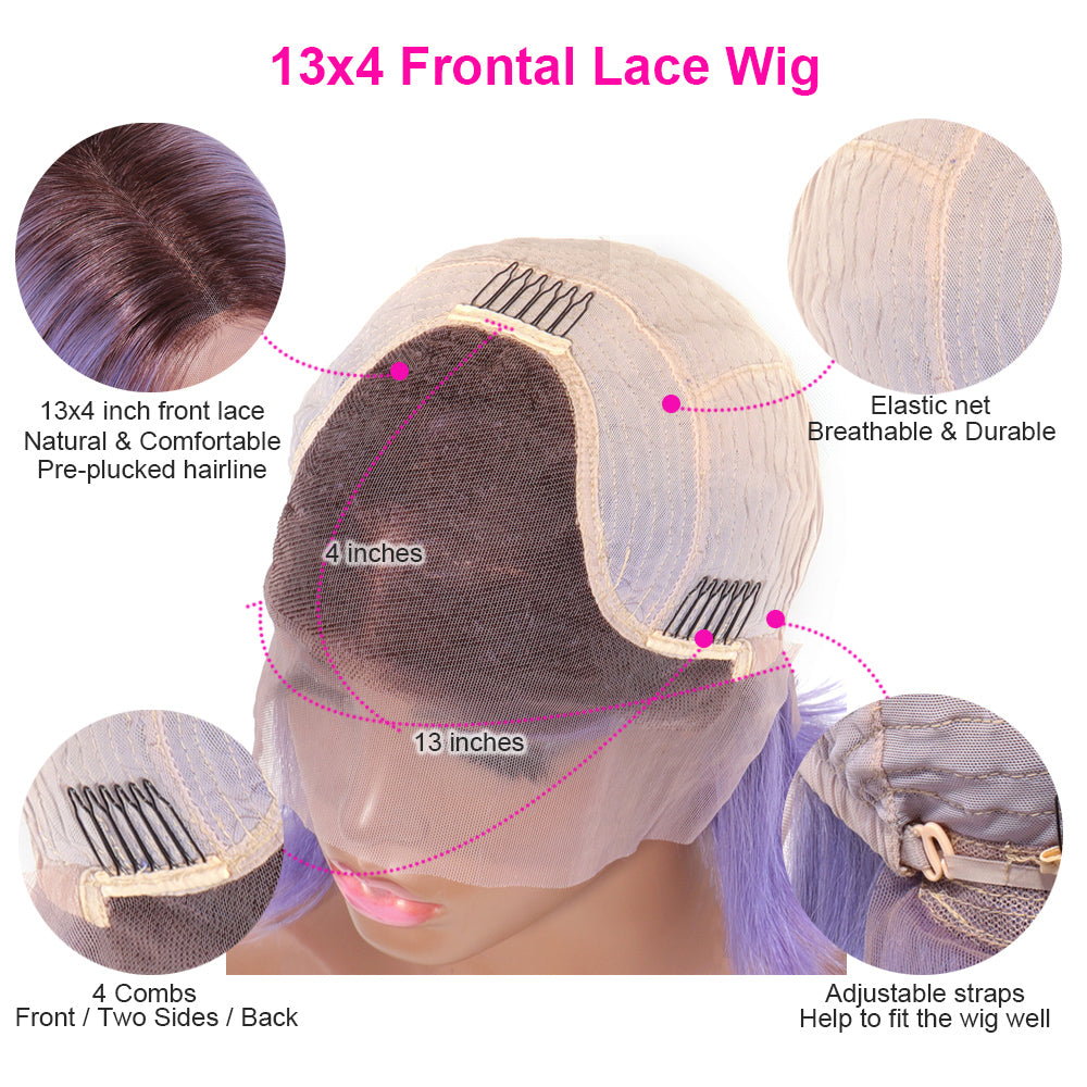 Color T1b/Light Purple Straight Wig 13x4 Front Lace Human Hair Bob Wig