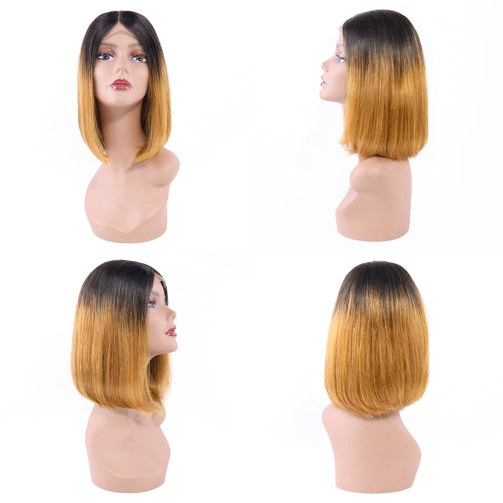 Straight Lace Closure Wig 150% Density Brazilian Human Hair BOB Wigs with Ombre Color 1b/30