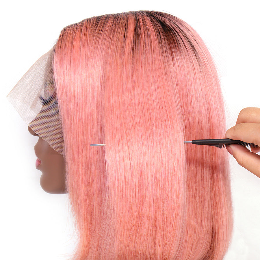 Lace Front Wigs Human hair T1B/Rose Pink Colored Short Bob Wig 13x4x1 T-Part Pre Plucked Middle Part 150% Density Wig for Women