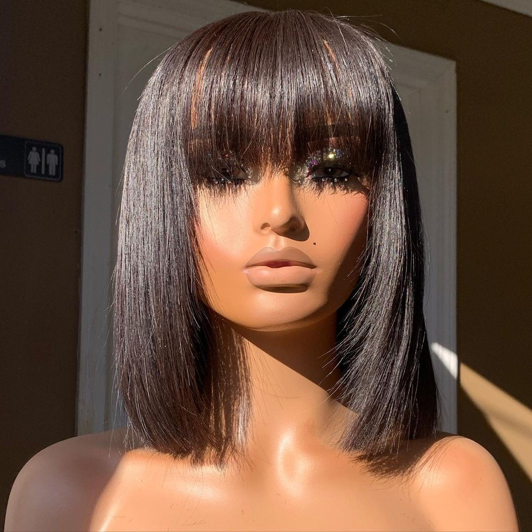 Silky Straight Human Hair No Tangle No Shedding Short Bob Wig With Bangs