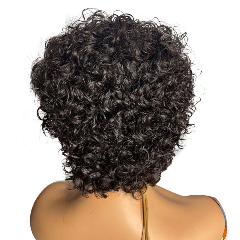 DC-1128 Short Curly Bob With Bangs Natural Black Color Human Hair Short Curly Wig