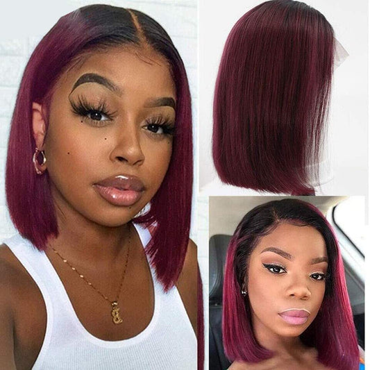 Red Wine Omber Burgundy Color Human Hair Short Bob Wig Pre-Plucked Hairline Bleached Knots 13x4 Lace Front Wig