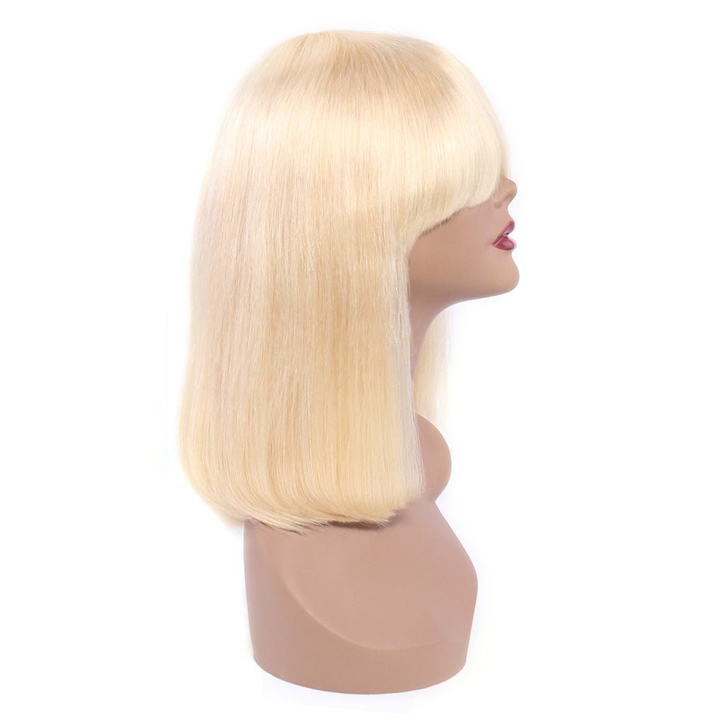 613 Bob Wig with Bangs Glueless 150% Density Brazilian Human Hair None Lace Machine Made Blonde Straight Wigs