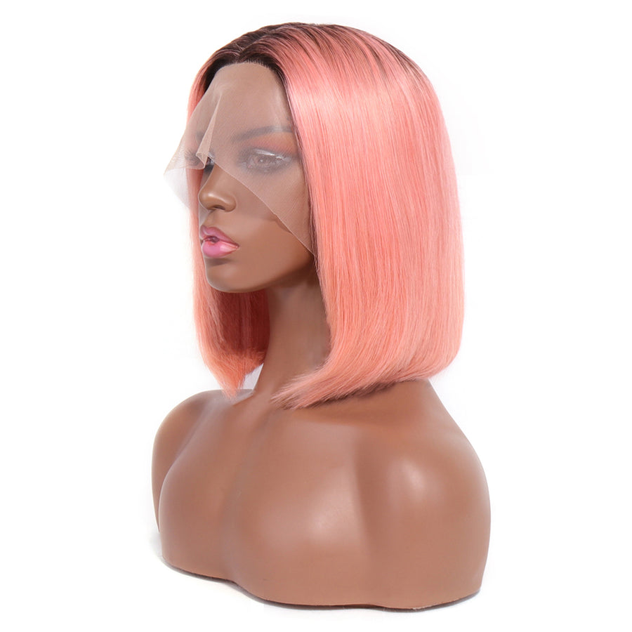 Lace Front Wigs Human hair T1B/Rose Pink Colored Short Bob Wig 13x4x1 T-Part Pre Plucked Middle Part 150% Density Wig for Women