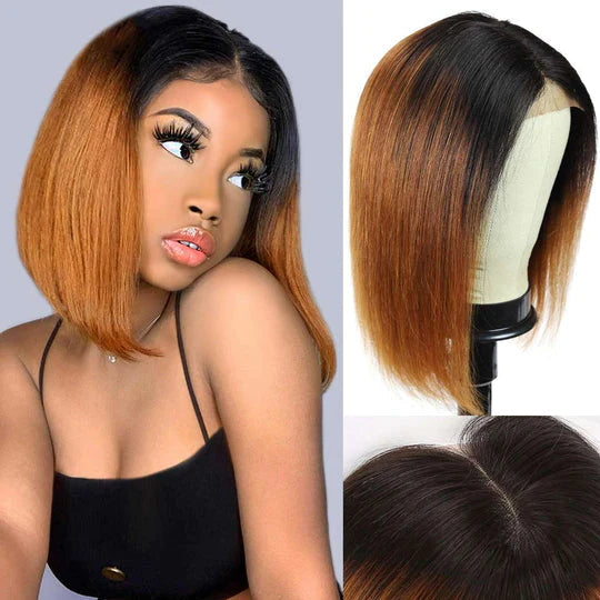 T1b/30 Color Silky Straight Human Hair Bob Wig Transparent 4x4 Lace Closure Wig