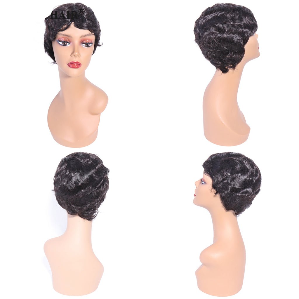 Short Machine Made Wig None Lace Human Hair Wavy Wigs 130% Density Wear To Go