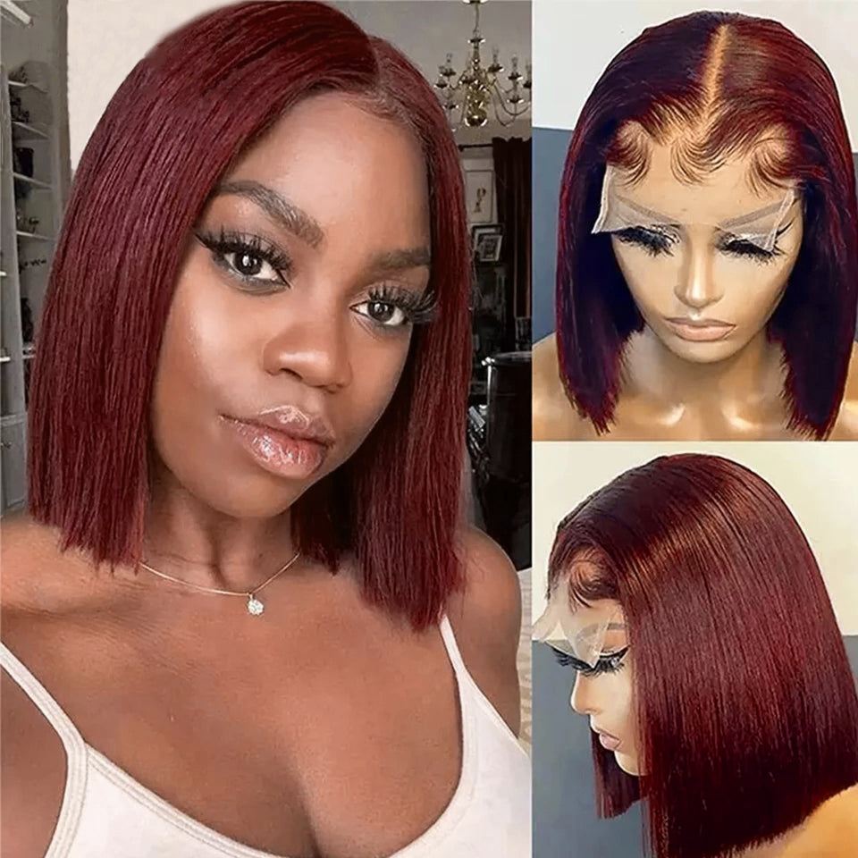 Burgundy Color Straight  Human Hair Wig Pre-Plucked Hairline 99J 4x4 Lace Closure Bob Wig