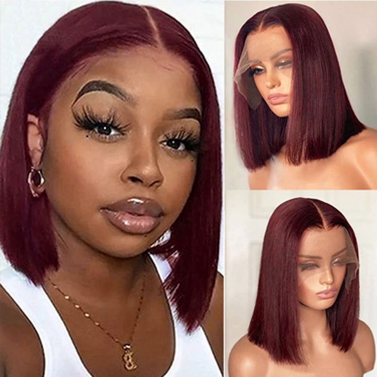 Burgundy Color Straight  Human Hair Wig Pre-Plucked Hairline 99J 4x4 Lace Closure Bob Wig