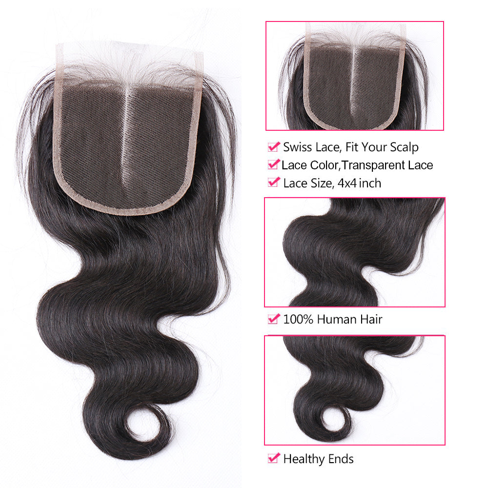 Brazilian Hair 4X4 Body Wave Middle Part Lace Closure Pre Plucked with Baby Hair For Black Women