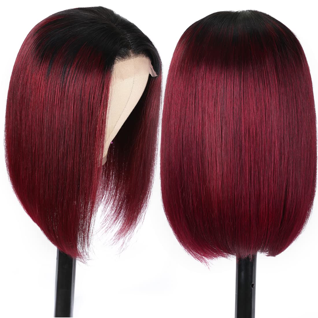 Red Wine Omber Burgundy Color Human Hair Short Bob Wig Pre-Plucked Hairline Bleached Knots 13x4 Lace Front Wig