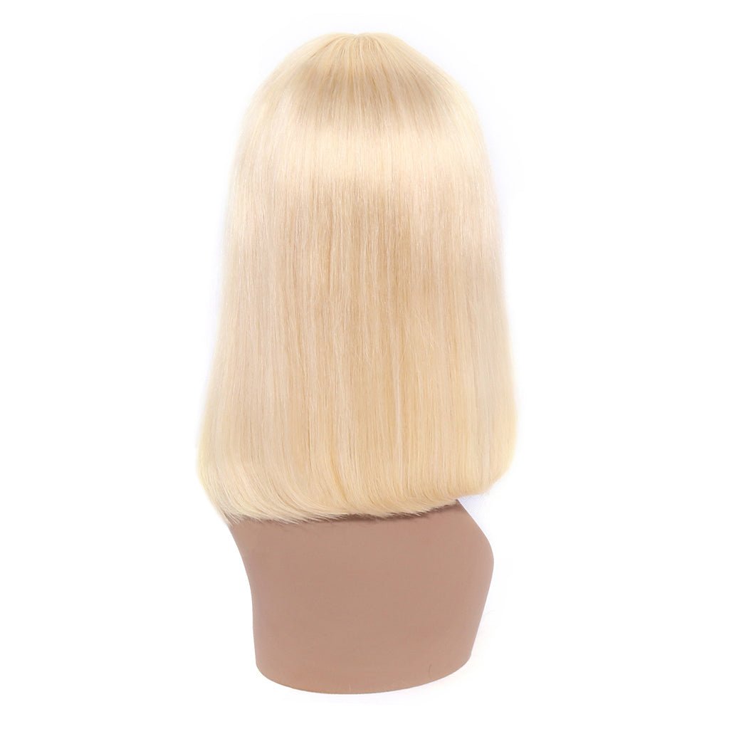 613 Bob Wig with Bangs Glueless 150% Density Brazilian Human Hair None Lace Machine Made Blonde Straight Wigs