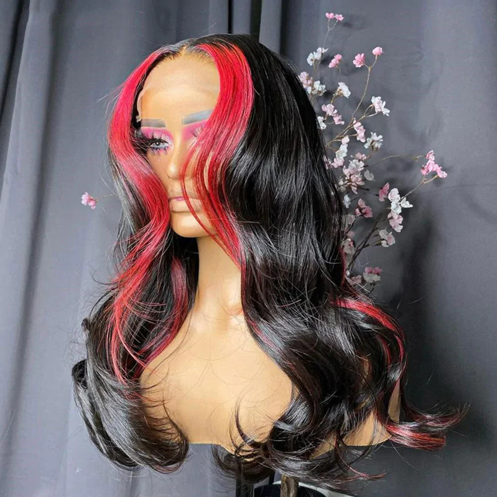 Wine Red Burgundy Color Skunk Stripe Straight Human Hair Lace Front Wigs