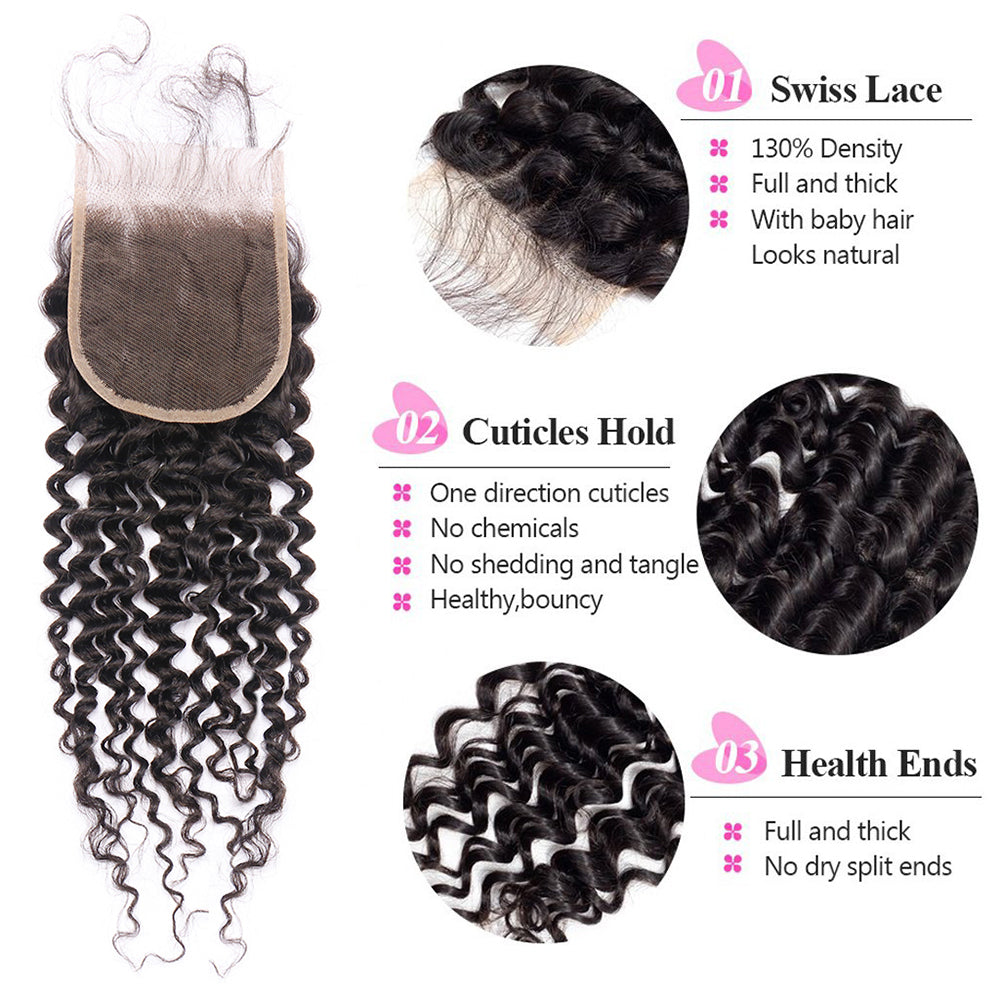 Brazilian Deep Wave 4x4 Lace Closure Free Part Deep Curly Human Hair Accessories Naturl Black Soft and Smooth