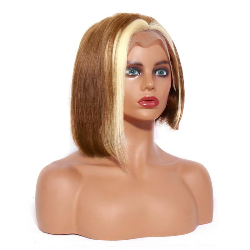 Pixie Cut Wig Short Straight Bob Wig 13X4 Lace Front Human Hair Wigs Highlight P613/27 Color