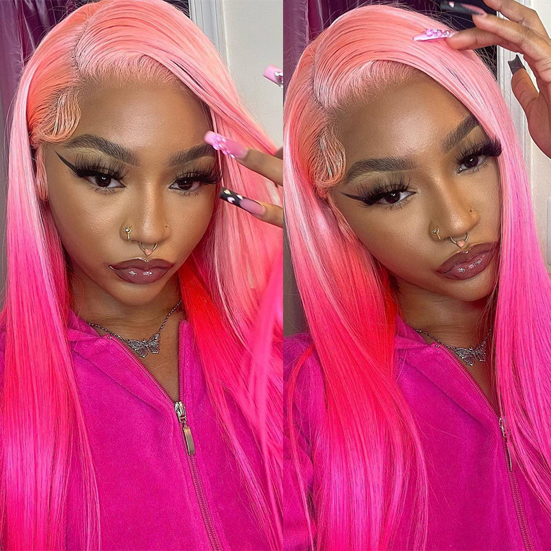 Ombre Pink Straight Lace Front Wigs 100% Human Hair Wig 13x4 Frontal Wig