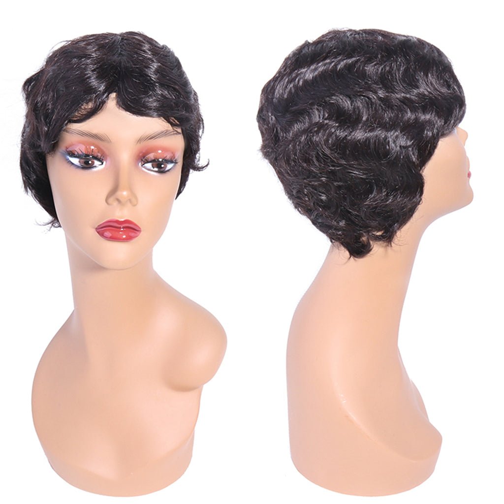 Short Machine Made Wig None Lace Human Hair Wavy Wigs 130% Density Wear To Go