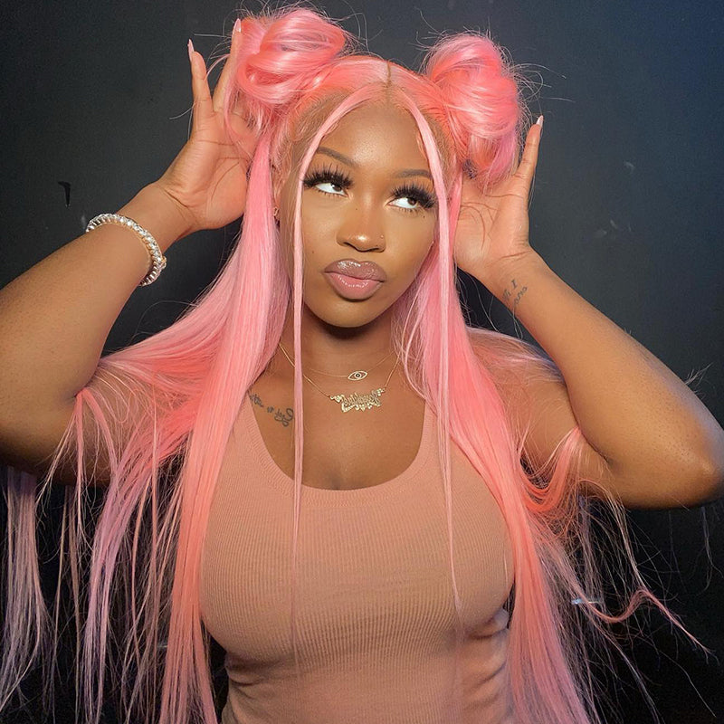 Light Pink Color Human Hair Lace Wig Transparent 13x4 Lace Frontal Wig