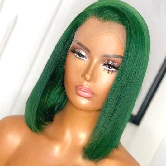 Green Color Silky Straight Human Hair Bob Wig 13x4 Lace Front Bob Wig