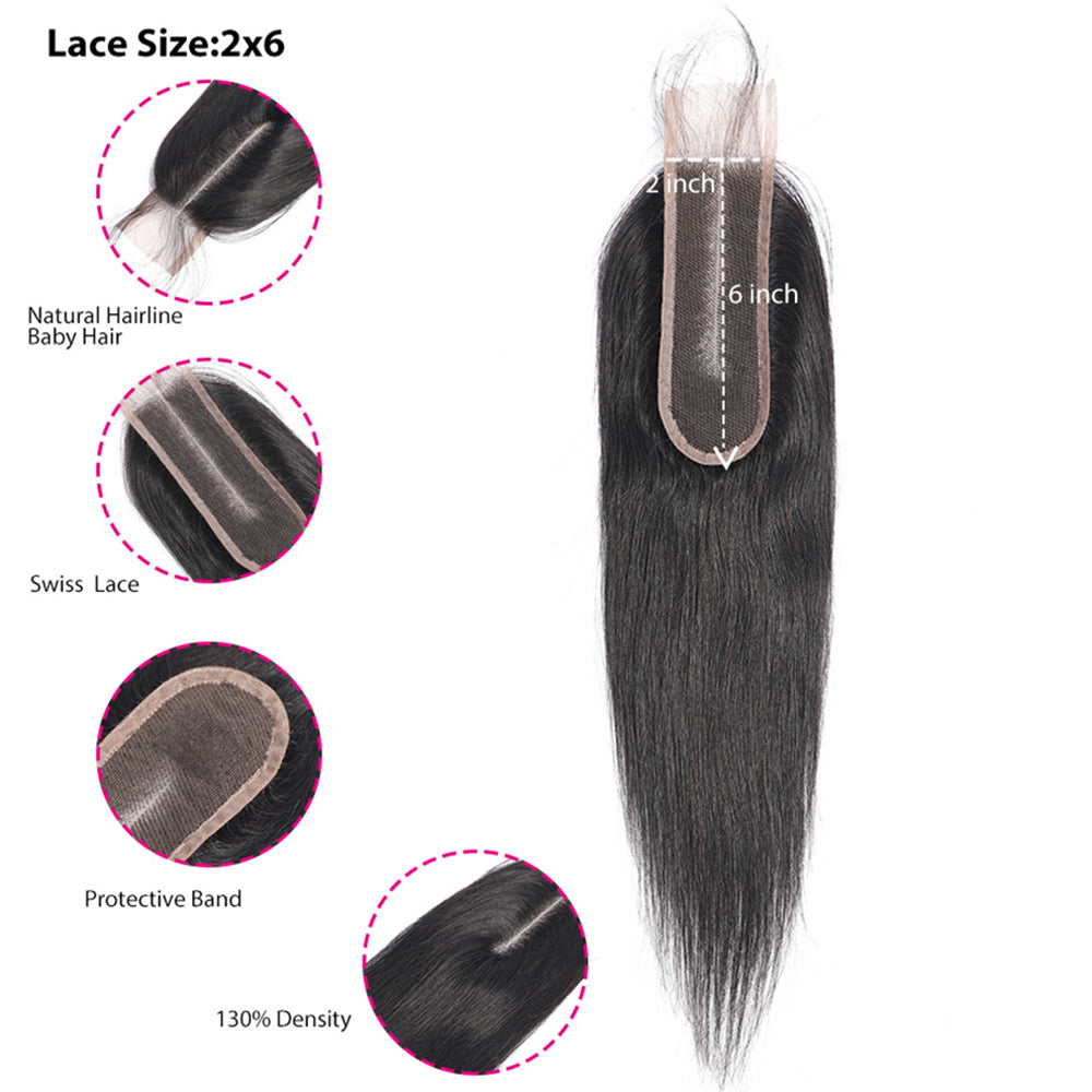 Brazilian 2x6 Lace Closure Straight 100% Human Hair Middle Part with Baby Hair Natural Black Color