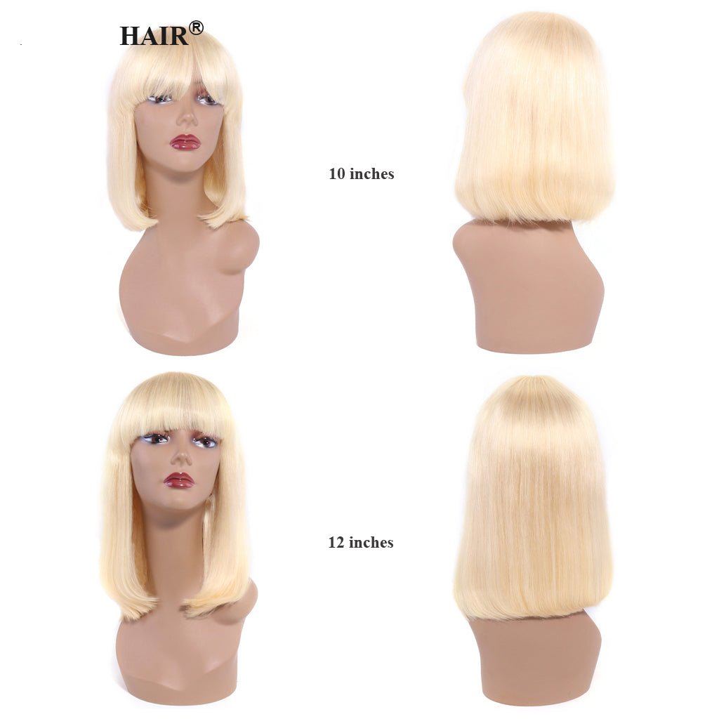 613 Bob Wig with Bangs Glueless 150% Density Brazilian Human Hair None Lace Machine Made Blonde Straight Wigs