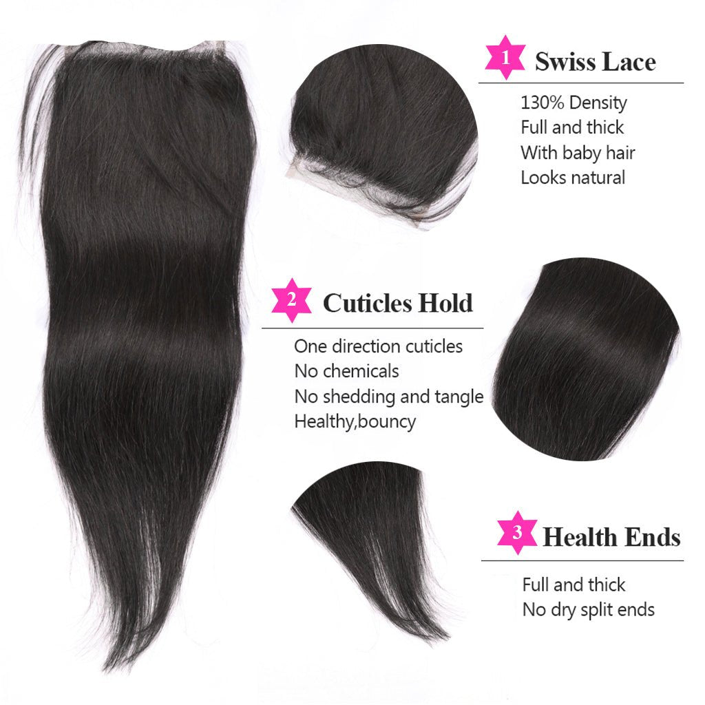 Straight Hair 3 Bundles With Closure Virgin Human Hair 4*4 Swiss Lace Brazilian Hair