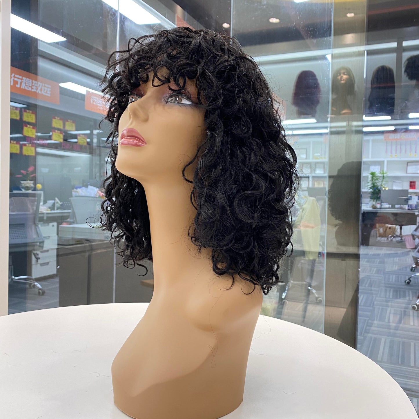 Curly Human Hair Wig with Bangs Honey Blonde Highlight Color Full Machine Made Water Curly Bob Wigs