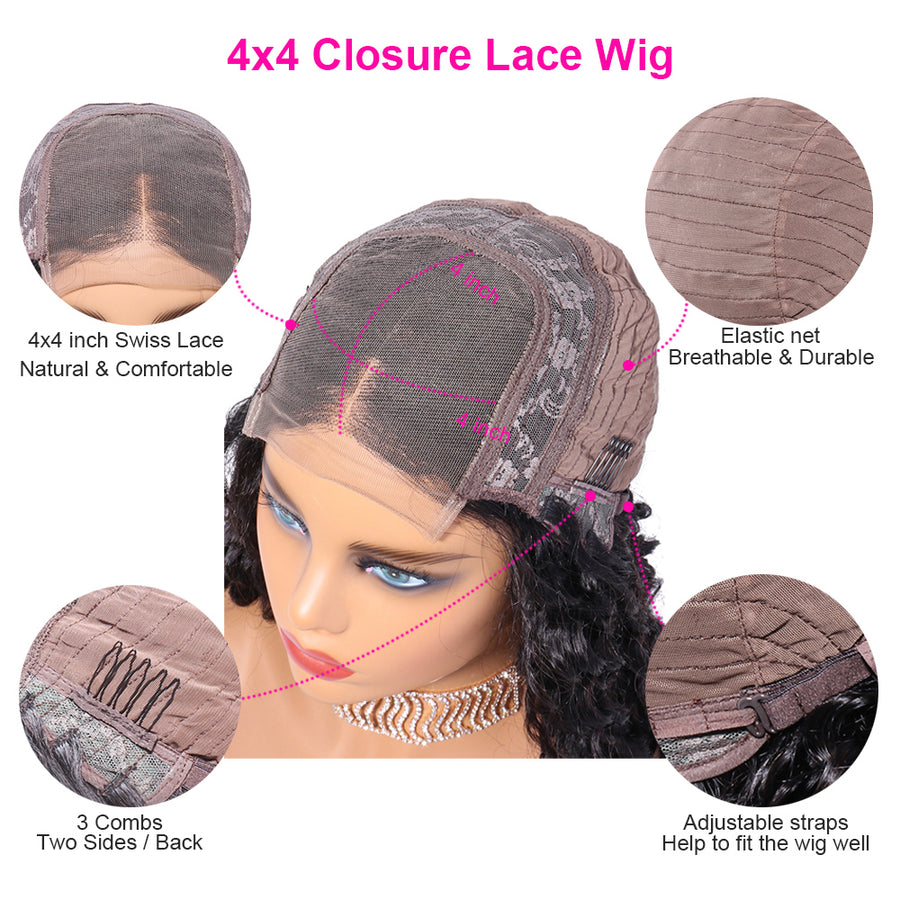 Deep Wave Lace Closure Human Hair Wigs 4x4 Pre Plucked Curly Wigs For Black Women