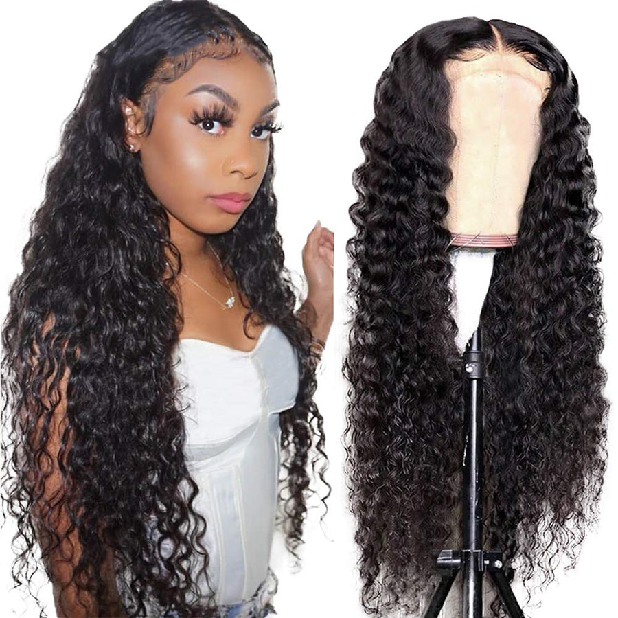 Deep Wave Lace Closure Human Hair Wigs 4x4 Pre Plucked Curly Wigs For Black Women