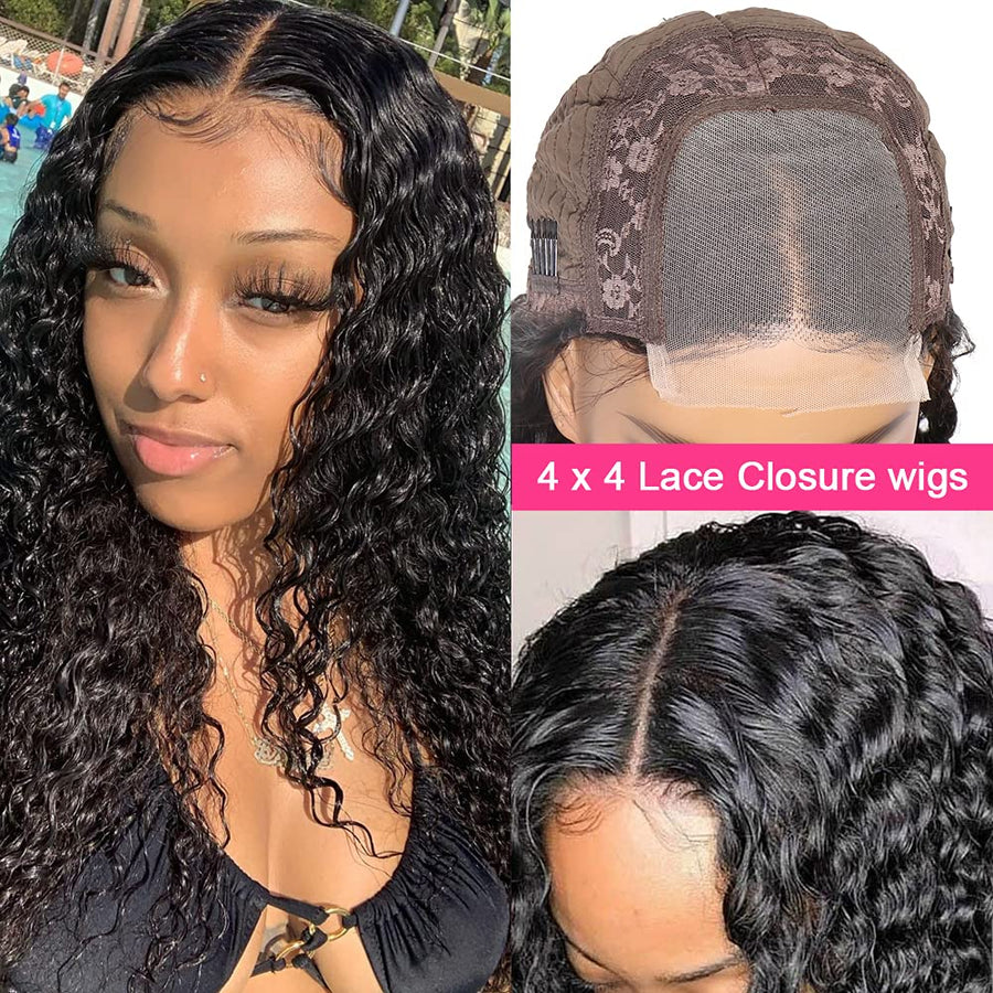 Deep Wave Lace Closure Human Hair Wigs 4x4 Pre Plucked Curly Wigs For Black Women