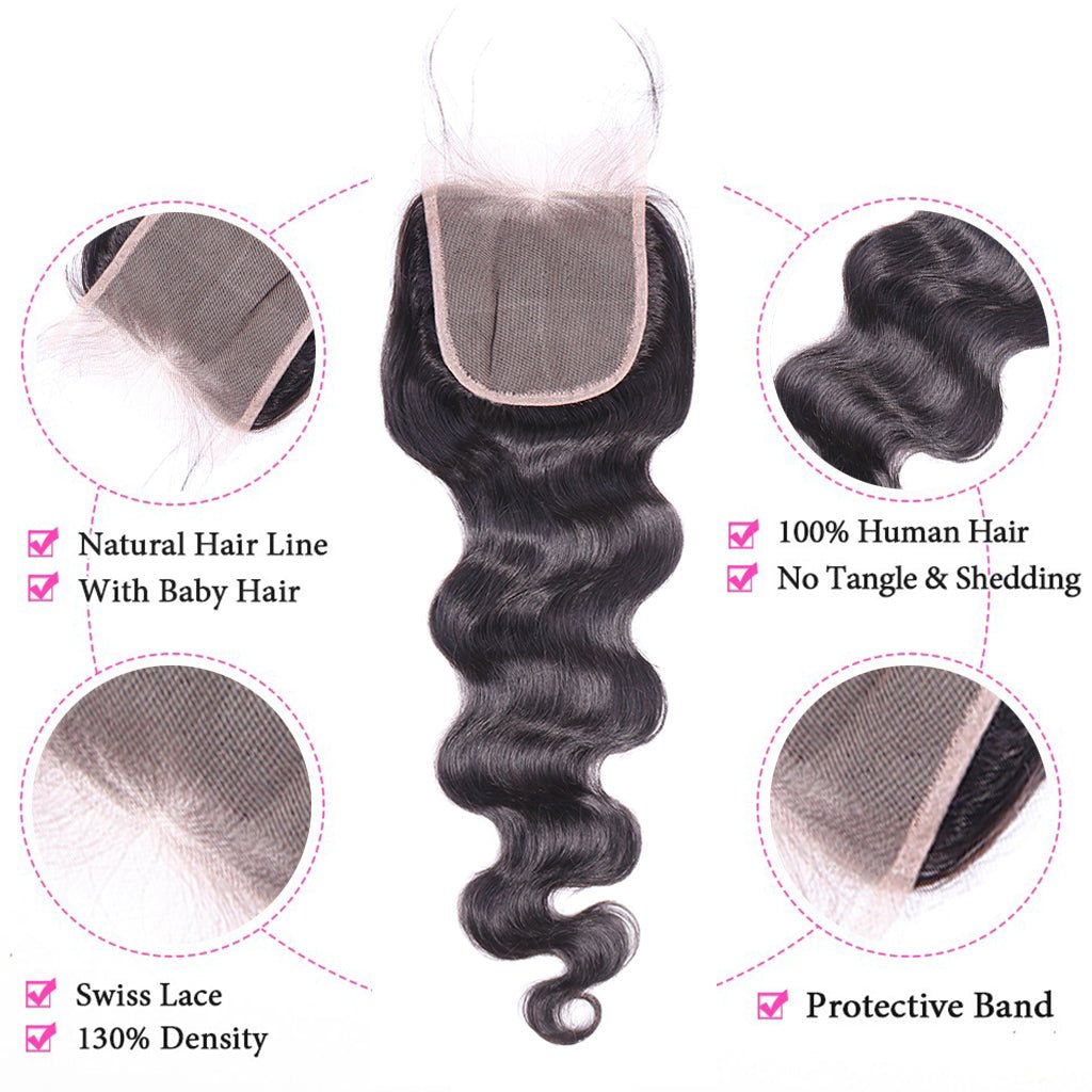 Human Hair Bundles With Closure 3 Bundles Body Wave Brazilian Hair With Swiss Lace Closure