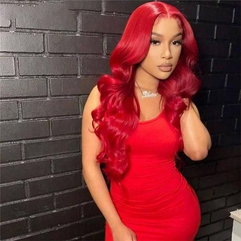 Red Color Silky Straight Human Hair Lace Front Wig