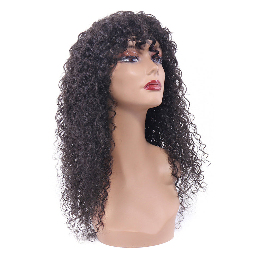 Curly Wave Human Hair Wigs with Bangs Virgin Deep Curly None Lace Front Wigs For Black Women Glueless Machine Made Wigs Natural Black 150% Density