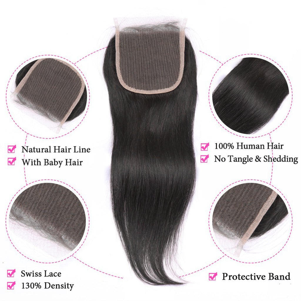 Straight Hair 3 Bundles With Closure Virgin Human Hair 4*4 Swiss Lace Brazilian Hair