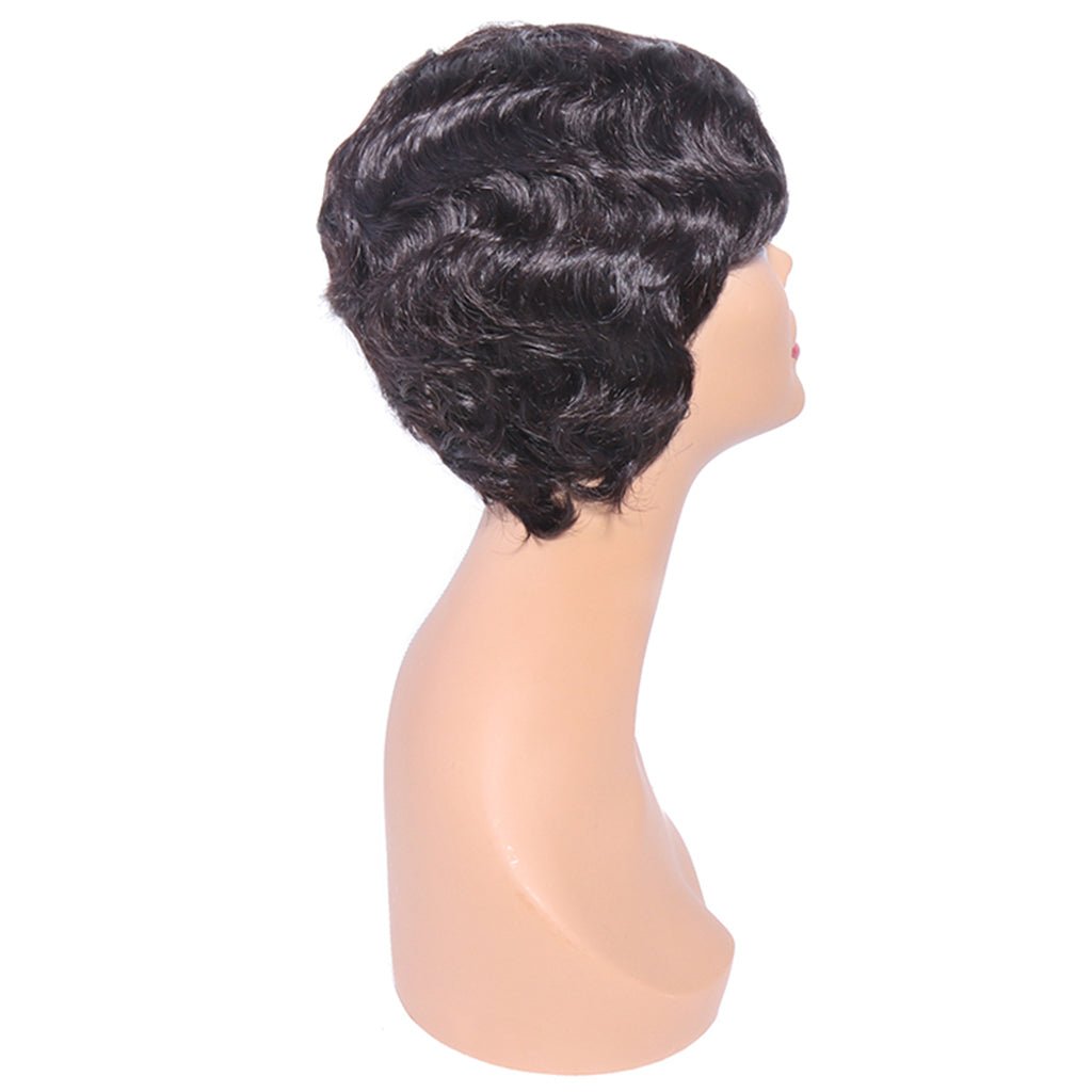 Short Machine Made Wig None Lace Human Hair Wavy Wigs 130% Density Wear To Go