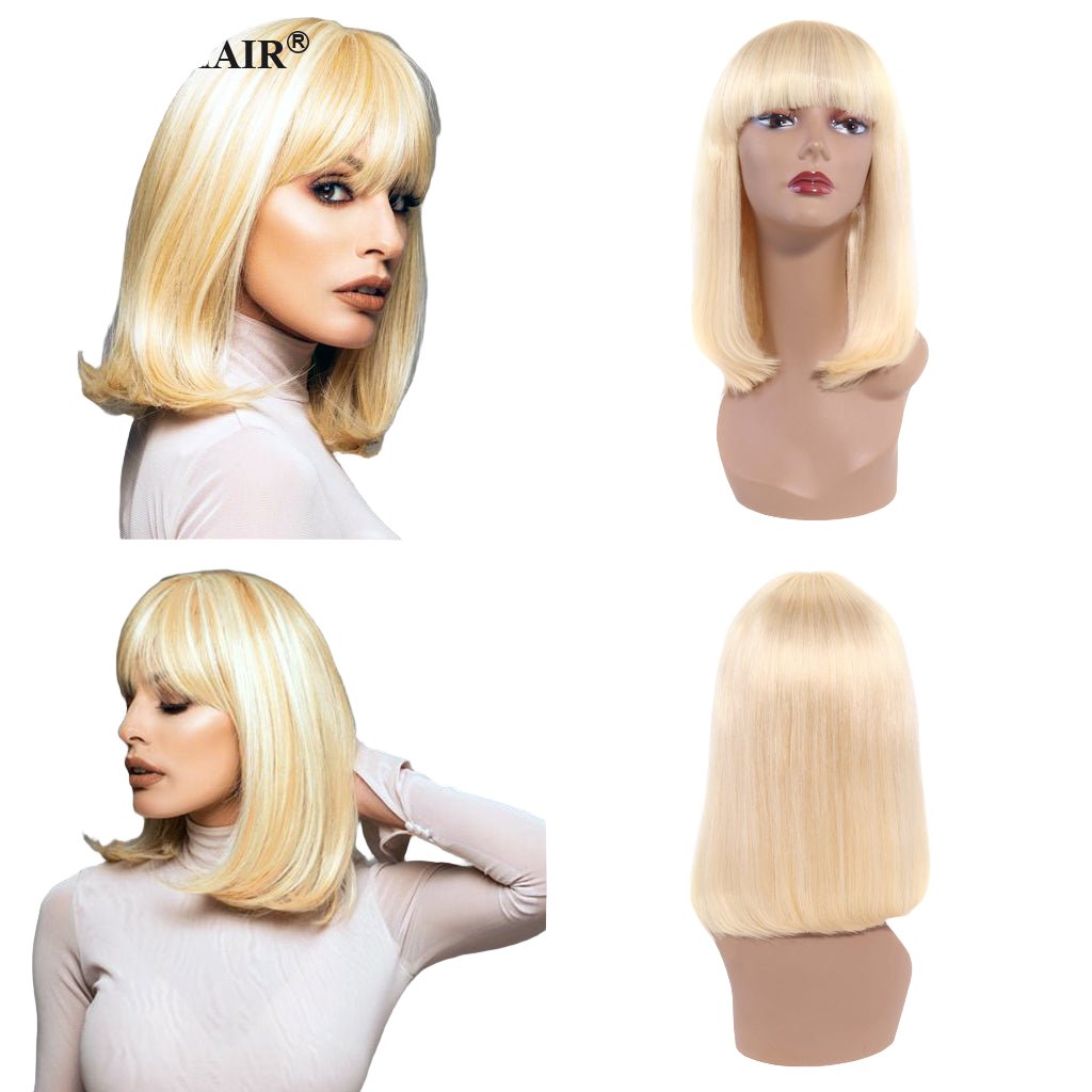 613 Bob Wig with Bangs Glueless 150% Density Brazilian Human Hair None Lace Machine Made Blonde Straight Wigs