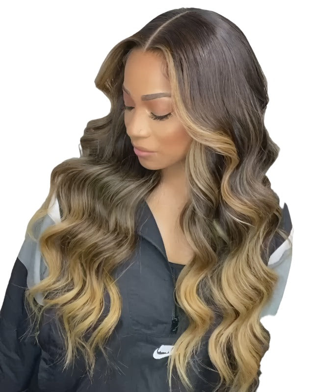 Honey Blonde Highlight P4/27 Color Body Wave 13x4 Front Lace Human Hair Wigs 150% Density