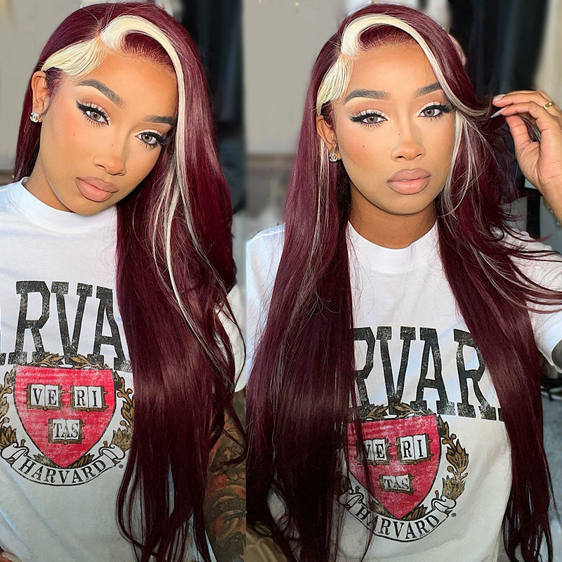 Burgundy Color & Blonde Skunk Stripe Color Wig 13*4 Lace Front Wig